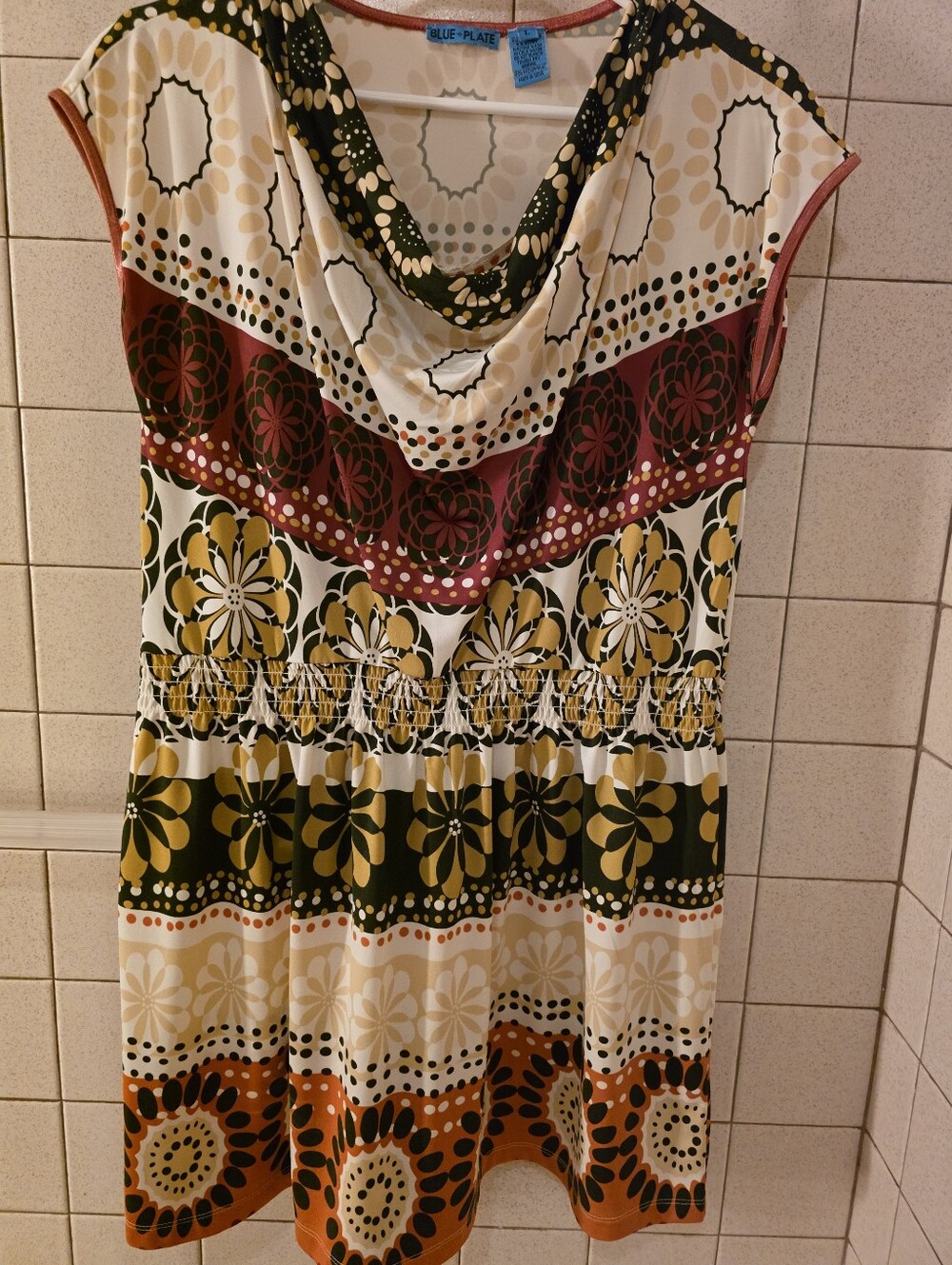 Boutique Blue Plate Floral Print Cowl Neck Dress in Olive, Rust & Cream